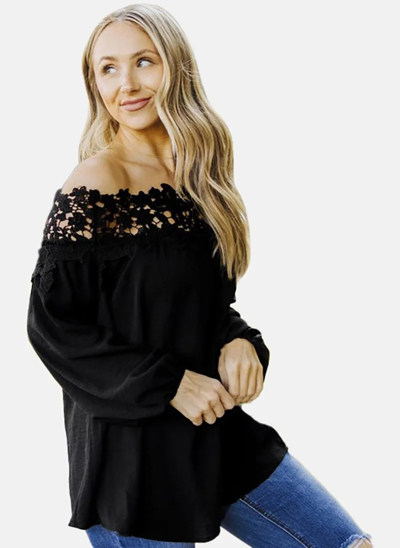 يونيكي Black Solid Long Sleeve Off-shoulder Tunics