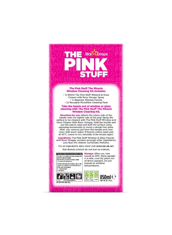PINK STUFF The Pink Stuff Miracle Window Cleaning Kit 850ml Glass & Window Cleaner Set with Microfiber Pads & Window Handle - Image 2