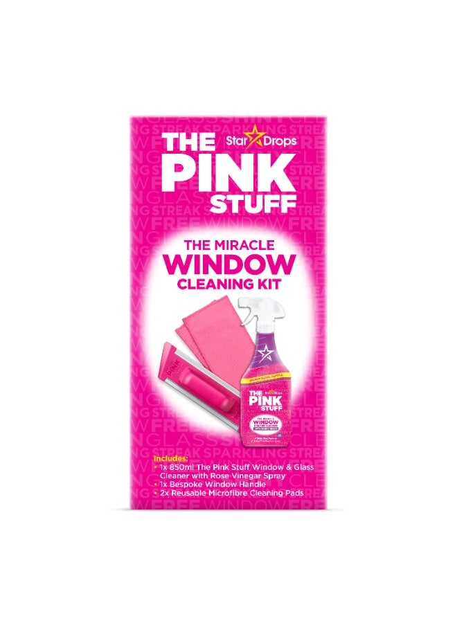 PINK STUFF The Pink Stuff Miracle Window Cleaning Kit 850ml Glass & Window Cleaner Set with Microfiber Pads & Window Handle - Image 1