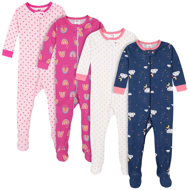 Gerber Baby Girls 4-Pack Footed Pajamas, Dreams Rainbows Pink, 12 Months - Image 1