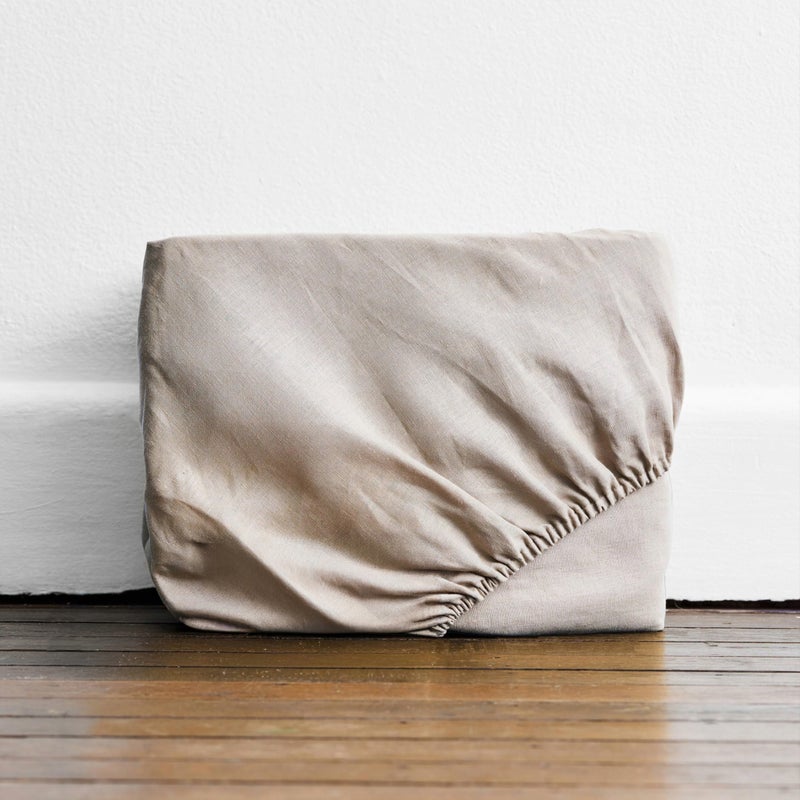 Bed Threads - Linen Fitted Sheet - 100% French Flax Linen - 170 GSM - Luxury & Eco-Friendly - Breathable, Durable & Soft - Single Fitted Sheet Only - Machine Washable - Queen - Oatmeal - Image 1