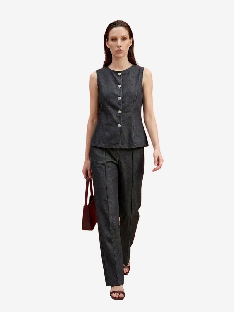 My Fashion Charcoal Grey MY FASHION Cotton Poplin Vest and Wide-Leg Trouser Set for Women | Best Price UAE