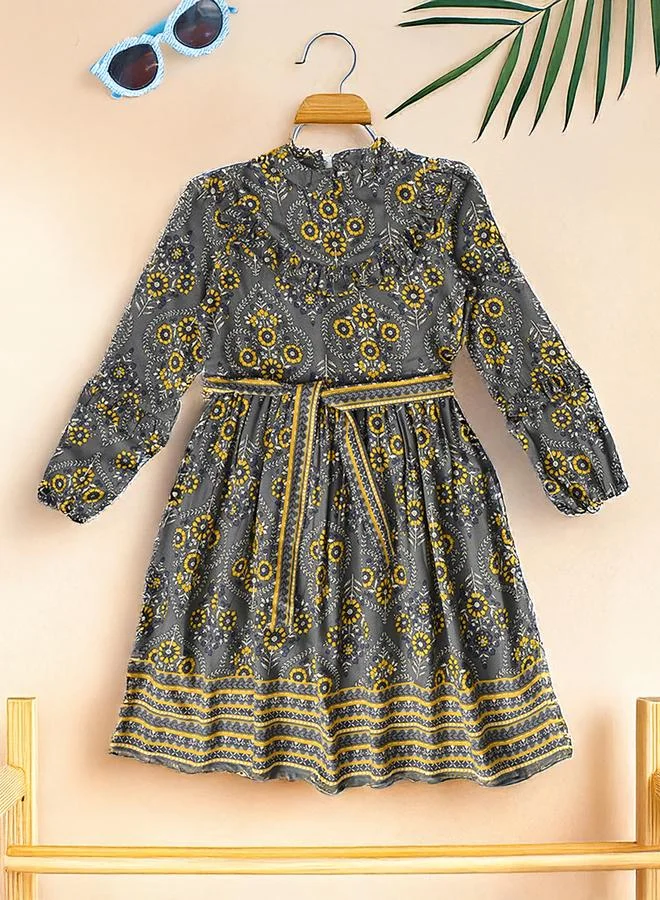 بيلا مودا Bella Moda Grey All Over Print Dress with Tie Belt