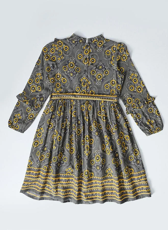 BELLA MODA Bella Moda Grey All Over Print Dress with Tie Belt