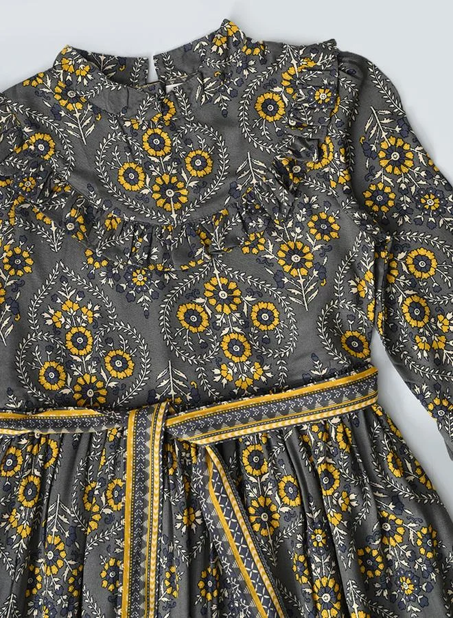 BELLA MODA Bella Moda Grey All Over Print Dress with Tie Belt