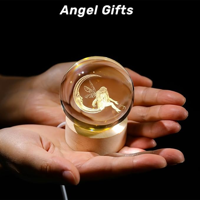 Desidiya 3D Moon Fairy Engraved Crystal Ball Night Light with Wooden Base - LED USB Table Lamp for Kids, Teens, and Home Decor - Image 4