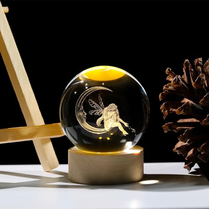 Desidiya 3D Moon Fairy Engraved Crystal Ball Night Light with Wooden Base - LED USB Table Lamp for Kids, Teens, and Home Decor - Image 3