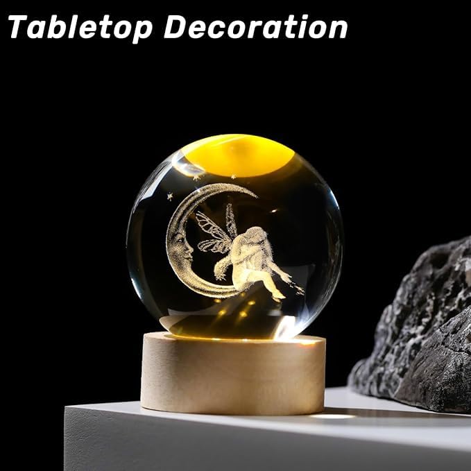 Desidiya 3D Moon Fairy Engraved Crystal Ball Night Light with Wooden Base - LED USB Table Lamp for Kids, Teens, and Home Decor - Image 2