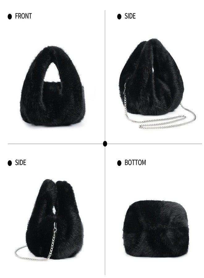 PHILOMENA Winter Small Crossbody Bag for Women Faux Rabbit Fur Hobo Bag, Soft Plush Shoulder Handbag Furry Purse with Chain Strap (Black) - Image 5