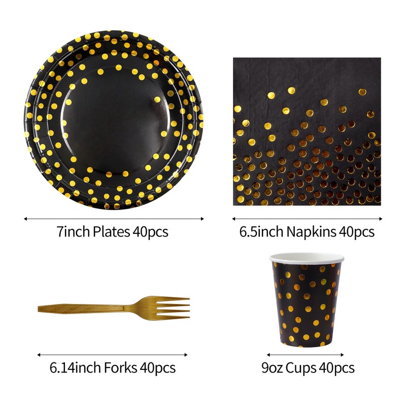 Sveikie 160 Pcs Black and Gold Paper Plates, Forks and Cups Party Supplies, black birthday plates Tableware Supplies for Birthdays, Graduations, Weddings, Holidays 40 Guests (7 inches) - Image 2