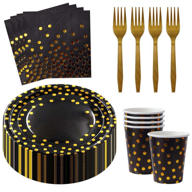 Sveikie 160 Pcs Black and Gold Paper Plates, Forks and Cups Party Supplies, black birthday plates Tableware Supplies for Birthdays, Graduations, Weddings, Holidays 40 Guests (7 inches) - Image 1