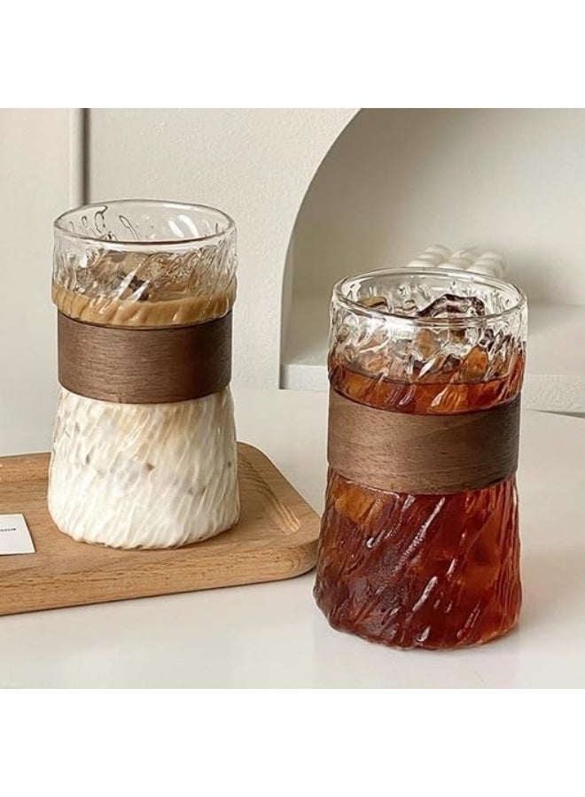 Hugifts 400ml Glacier Texture Heat Resistant Glass Coffee Mug, Vintage Wood Anti-Scald Sleeve Cup for Iced Americano & Latte, Stylish Cold Drink Cup for Home & Office - Image 1