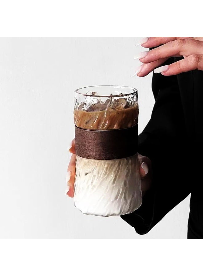 Hugifts 400ml Glacier Texture Heat Resistant Glass Coffee Mug, Vintage Wood Anti-Scald Sleeve Cup for Iced Americano & Latte, Stylish Cold Drink Cup for Home & Office - Image 3