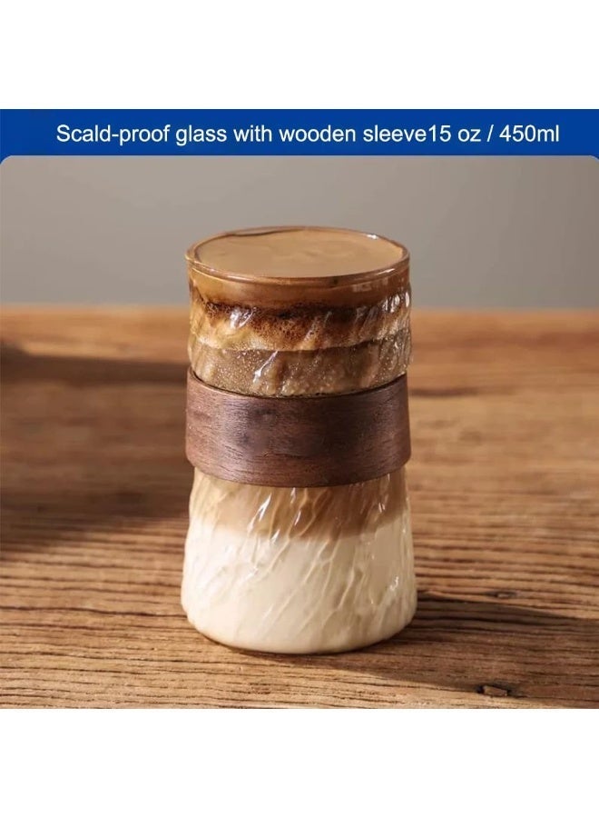 Hugifts 400ml Glacier Texture Heat Resistant Glass Coffee Mug, Vintage Wood Anti-Scald Sleeve Cup for Iced Americano & Latte, Stylish Cold Drink Cup for Home & Office - Image 4