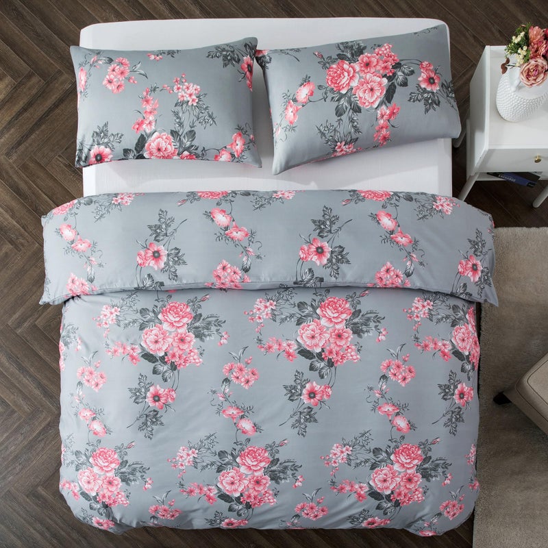 MOONLIGHT20015 Single Duvet Cover Set 2 Piece – Grey Bouquet Bedding Set, Hypoallergenic Brushed Microfiber Quilt Cover, with 1 Pillowcase - Image 3