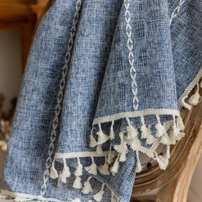BCLBUSTE Denim Blue Boho Curtains 63 inch Long 2 Panels for Living Room Bedroom, Rustic Embroidered Striped Semi Sheer Linen Farmhouse Light Filtering Privacy Drapes Neutral Vintage Country Decor,W52xL63 - Image 5