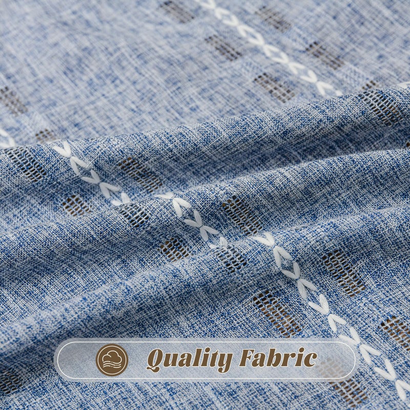 BCLBUSTE Denim Blue Boho Curtains 63 inch Long 2 Panels for Living Room Bedroom, Rustic Embroidered Striped Semi Sheer Linen Farmhouse Light Filtering Privacy Drapes Neutral Vintage Country Decor,W52xL63 - Image 4