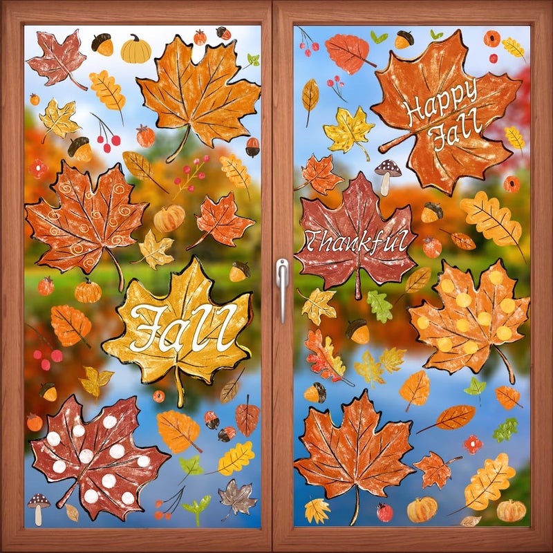 YUJUN 8 Sheets Thanksgiving Fall Window Clings Maple Leaves Pine Cones Oil Painting Window Decals Stickers for Autumn Glass Home Decor and Thanksgiving Fall Decoration