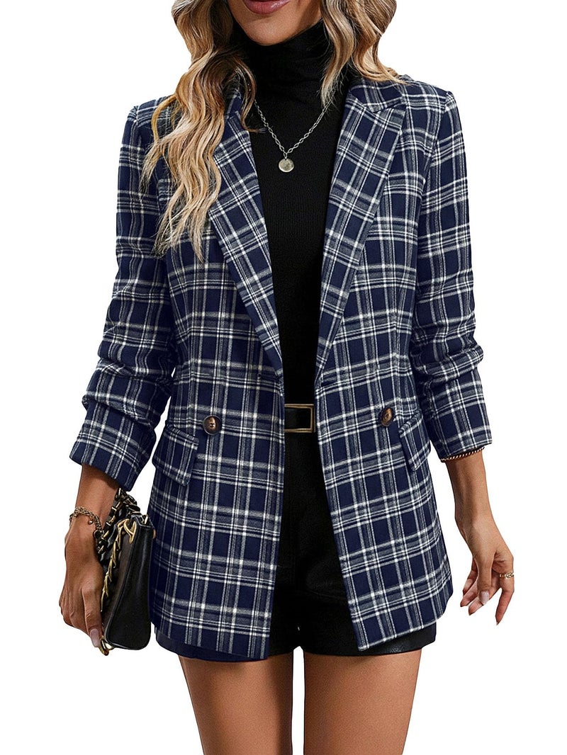 Mina Self Tweed Blazers Jacket for Women Plaid 2026 Fall Blue Herringbone Sweater Business Casual Work Professional Womens Dressy Fitted Trendy Winter Women's Blazer & Suit Jackets Ladies BL 2L - Image 1