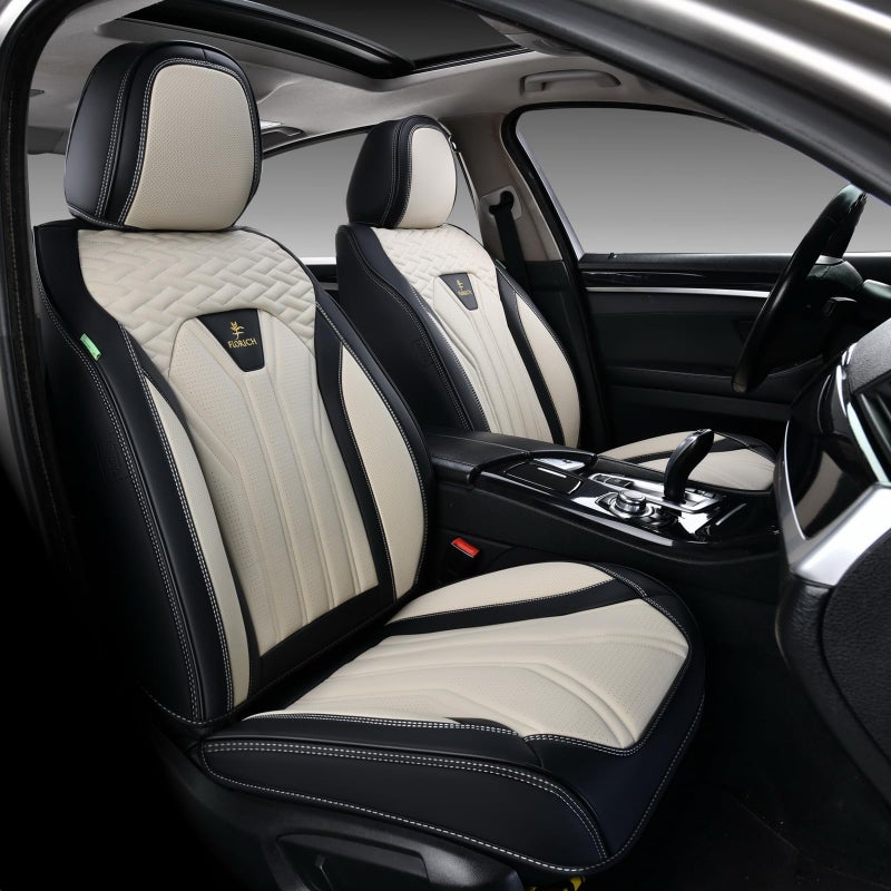 FLORICH Seat Covers for Cars, Waterproof Seat Covers, Leather Car Seat Covers 2 Pack, Universal Seat Cushion Protector for Most Cars Trucks SUV-Black&Beige - Image 1