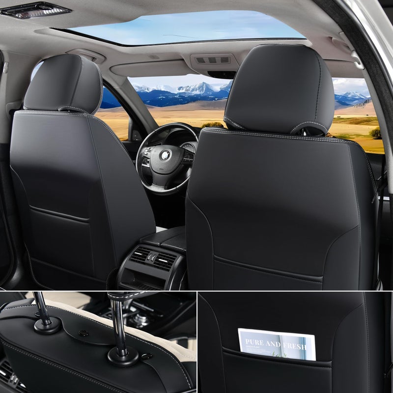 FLORICH Seat Covers for Cars, Waterproof Seat Covers, Leather Car Seat Covers 2 Pack, Universal Seat Cushion Protector for Most Cars Trucks SUV-Black&Beige - Image 4