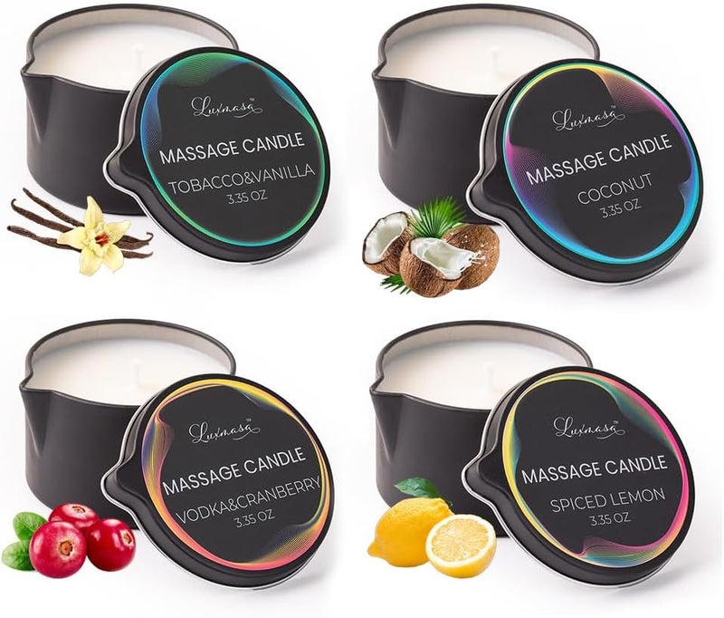 Low Temp Massage Candles for Massage Therapy-Natural Soybean Massage Oil Candles for Couples-Romantic Body Lotion Candle Wax Gift Set of 4 pcs 13.4 OZ