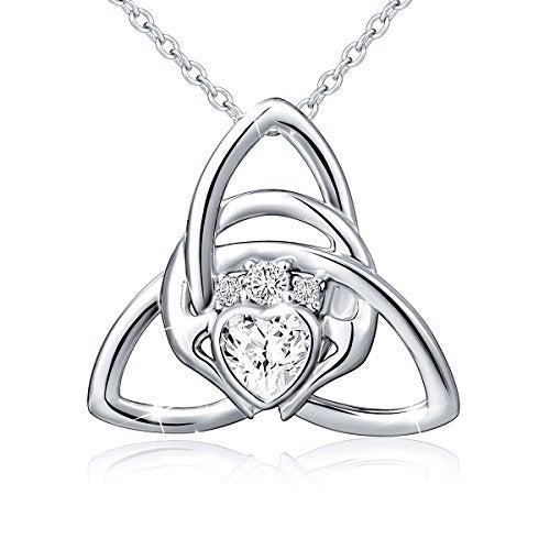 FLYOW 925 Sterling Silver Good Luck Irish Claddagh Celtic Knot Love Heart Pendant Necklace for Women Ladies Birthday Graduation Christmas, 18 Inch Rolo Chain - Image 1