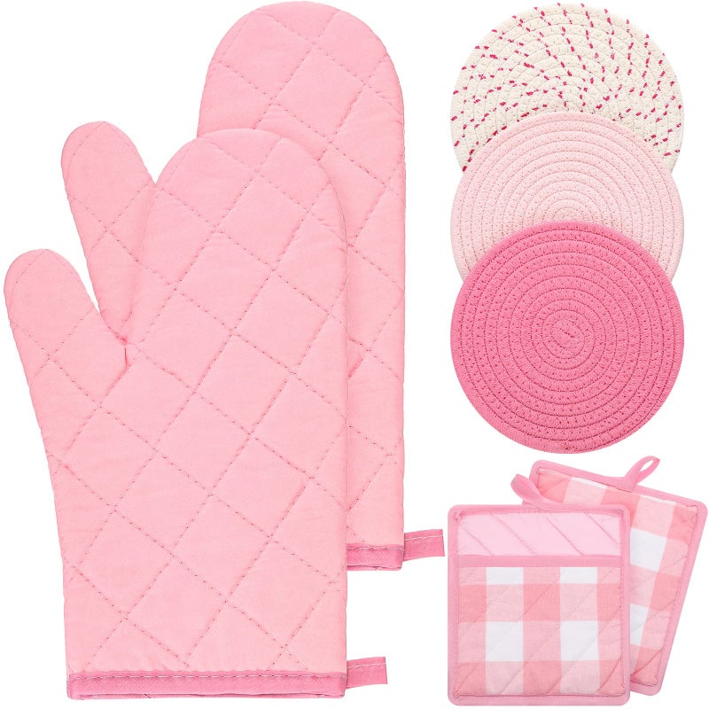 Sumind Sumind Oven Mitts and Pot Holders 7 Sets Heat Resistant Kitchen Gloves Pads Potholders for Valentine Women Gifts Cotton Pot Holders Kitchen Accessories Gift for Cooking BakingPink WhiteCotton 