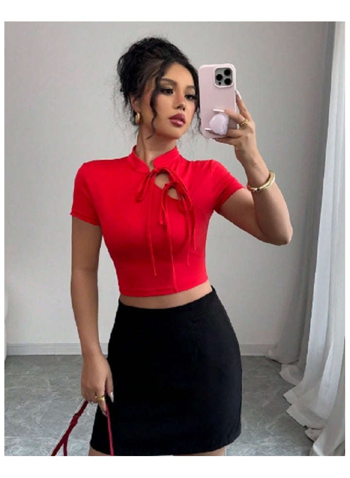Shein Calvaya Women's Elegant Mock Neck Tie-Front Cropped T-Shirt, Spring/Summer  - Image 3