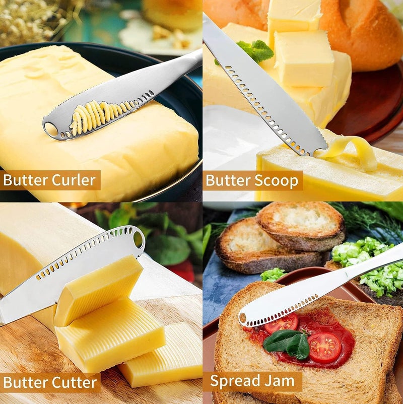 Aerbee 2pcs Stainless Steel Butter Spreader, 3 in 1 Butter Grater Curler Slicer, Multi-Function Butter Spreader and Grater with Serrated Edge for Cutting and Spreading Butter Cheese Jam - Image 1