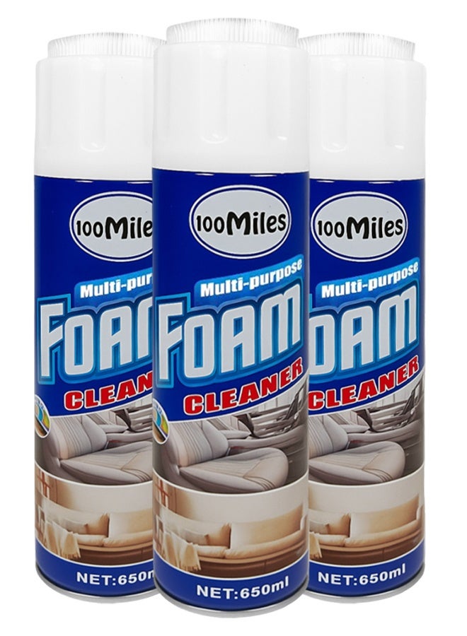 100Miles 3 pcs 100 Miles Multi Purpose Foam Cleaner 650ml – Interior Cleaner Spray Upholstery Dashboard Carpet Seat Fabric Leather Foam Cleaning Spray - Image 1