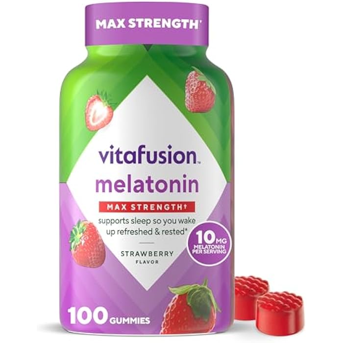 vitafusion Max Strength 10 mg Melatonin Gummies, Strawberry Flavored, Adult Melatonin Gummy Vitamin Supplement, 100 Count, 50 Day Supply - Image 1