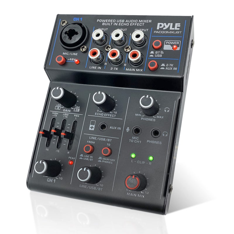 Pyle Professional Wireless DJ Audio Mixer- 3-Channel Bluetooth DJ Controller Sound Mixer w/USB Audio Interface, Combo Jack XLR+6.35mm Mic/Line/Guitar In, 3.5mm, RCA, AUX, Headphone Jack- PAD33MXUBT.5 - Image 1