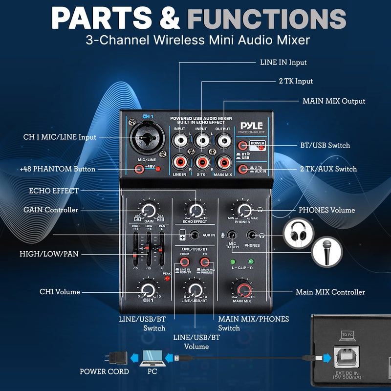 Pyle Professional Wireless DJ Audio Mixer- 3-Channel Bluetooth DJ Controller Sound Mixer w/USB Audio Interface, Combo Jack XLR+6.35mm Mic/Line/Guitar In, 3.5mm, RCA, AUX, Headphone Jack- PAD33MXUBT.5 - Image 2