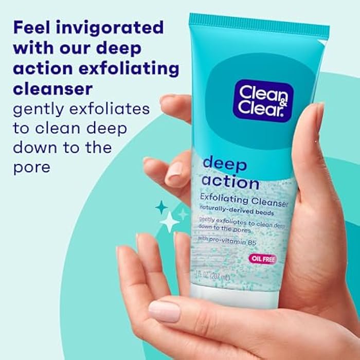 Clean & Clear Deep Action Exfoliating Facial Cleanser, Scrub & Face Wash, Pro-Vitamin B5, Lactic & Glycolic Acids, Oil-Free Gentle Daily Exfoliator for Soft, Smooth, Hydrated Skin, Vegan, 7 Fl Oz Tube - Image 2
