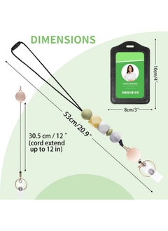 Hautoco Id Badge Holder With Retractable Lanyards And Keyring, Pu Leather Badge Holder With Safety Breakaway Lanyards, Cute Bead Lanyard With Badge Reels For Teacher Office Staff Students, Grass Green  - Image 2