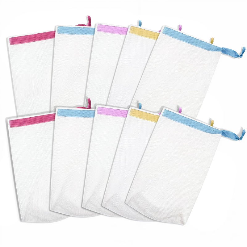 10 PCS Bar Soap Pouch, Mesh Soap Bags for Soap Bars, Handmade Soap Bubble Soft Mesh Bags with Drawstring for Foaming Facial Cleanser Soap Shower Gel(Assorted Colors)