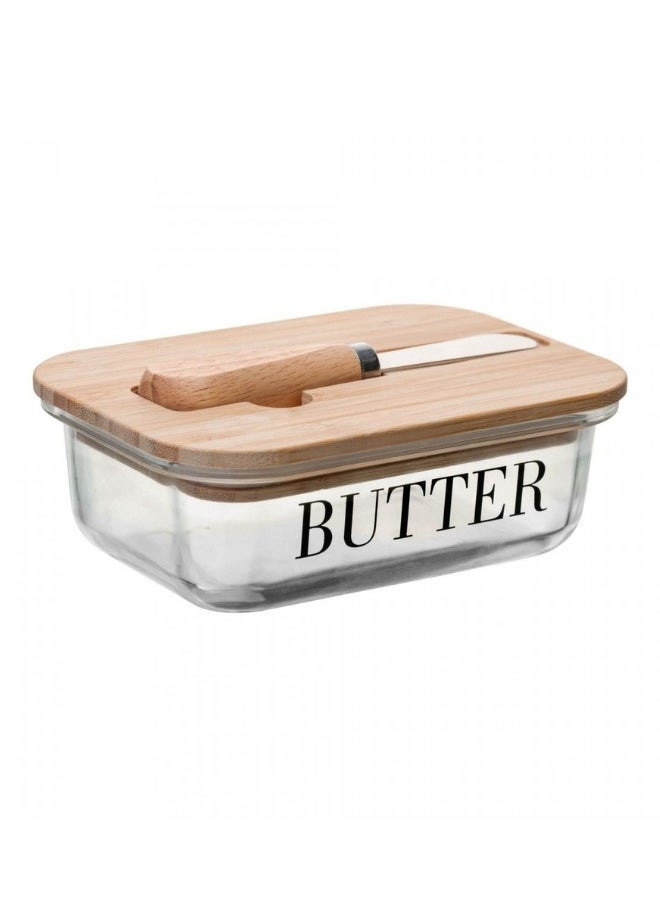 Generic Glass Butter Dish with Wooden Lid and Knife – Elegant Kitchen Essential"  - Image 1