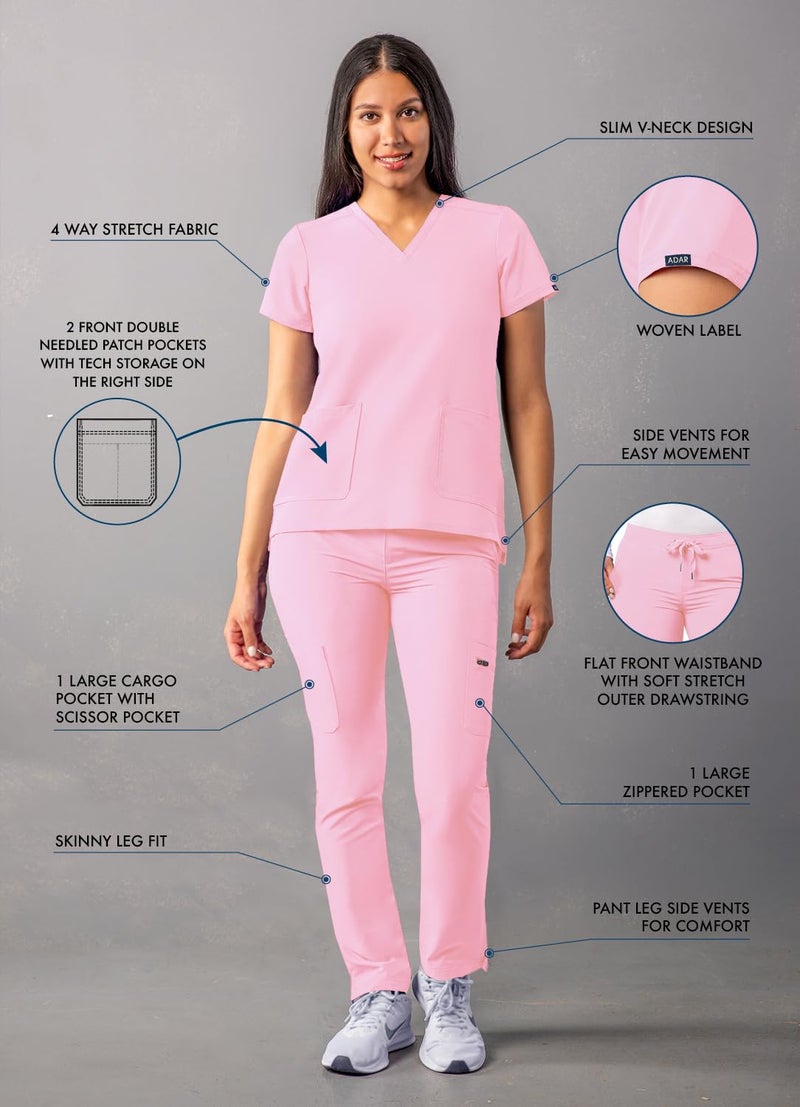 Adar Uniforms Addition Go-Basic Scrub Set For Women - Slim V-Neck Scrub Top & Skinny Cargo Scrub Pants - A9200 - Soft Pink - M - Image 3