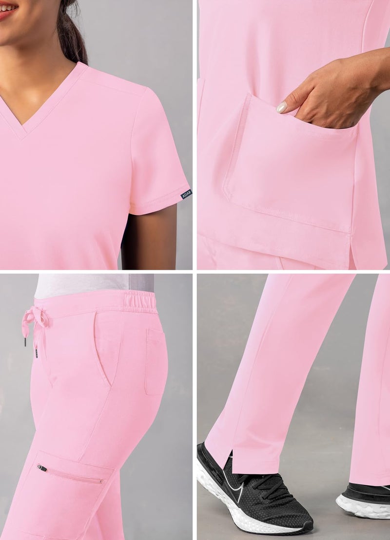 Adar Uniforms Addition Go-Basic Scrub Set For Women - Slim V-Neck Scrub Top & Skinny Cargo Scrub Pants - A9200 - Soft Pink - M - Image 4