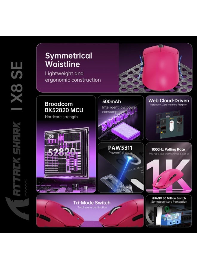 هجوم القرش فأرة الألعاب اللاسلكية ATTACK SHARK X8 SE، فأرة لاسلكية فائقة الخفة بوزن 55 غرامًا قابلة للبرمجة، تدعم الاتصال السلكي/البلوتوث/2.4 جيجاهرتز، معدل استجابة 1 كيلو هرتز، مستشعر ألعاب PixArt PAW3311، دقة 25000 نقطة في البوصة - Image 5