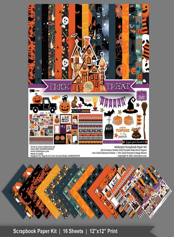 Inkdotpot Halloween Theme Collection Double-Sided Scrapbook Paper Kit Cardstock 12"x12" Card Making Paper Pack with Sticker Sheet - 16 Pages - Orange & Black - Image 3