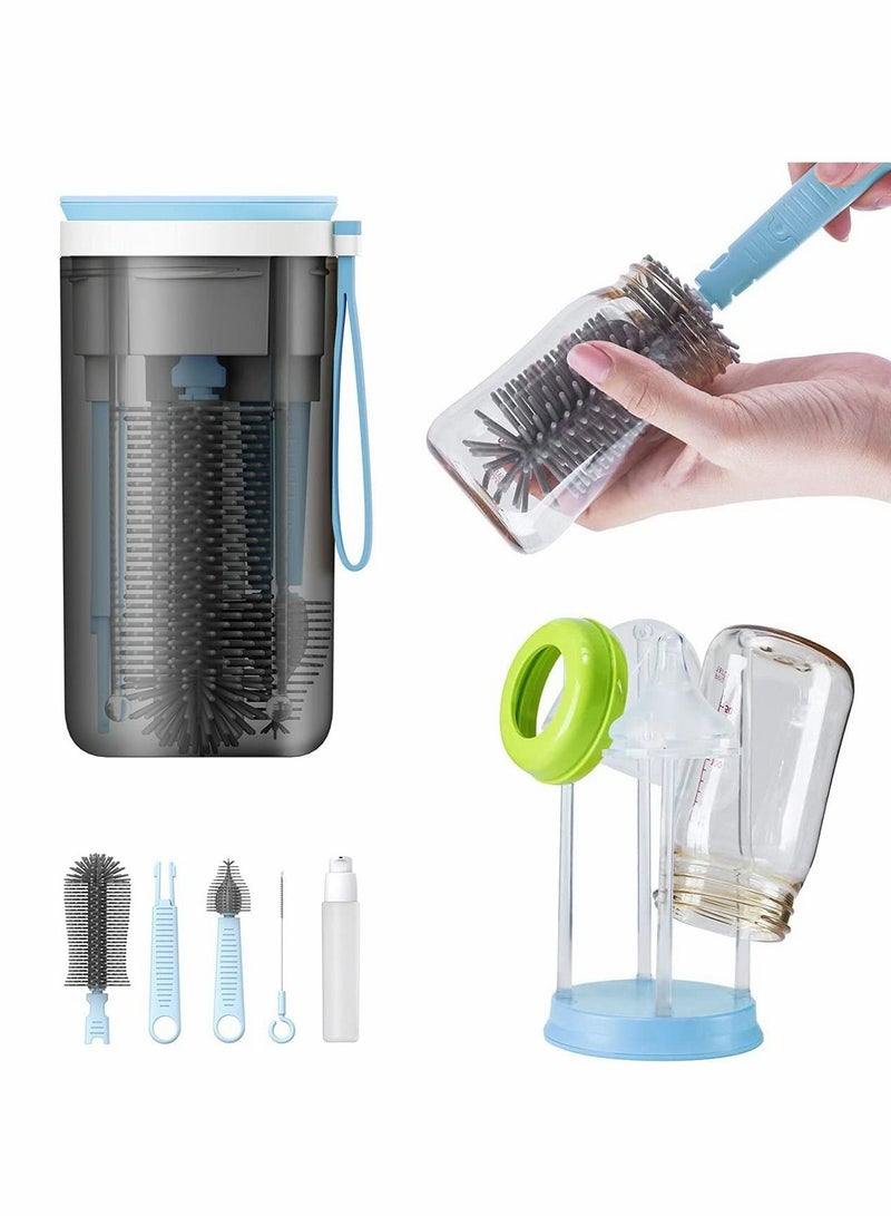 Travel Baby Bottle Brush Set with Extendable Silicone Brush，Nipple Brush，Magnetic Drying Rack，Straw Cleaner Brush，Baby Soap Dispenser，Baby Warmer-Blue - Image 1