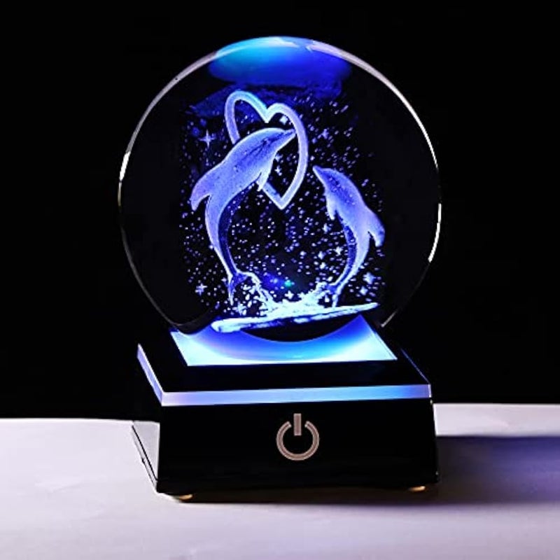 3D Laser Crystal Ball Dolphin Gifts for Women Men,Dolphin Decor Glass Figurines Statue Stuff for Room Decorations Birthday for Lovers Keepsake Paperweight (2 Dolphin in The Crystal Ball) - Image 1
