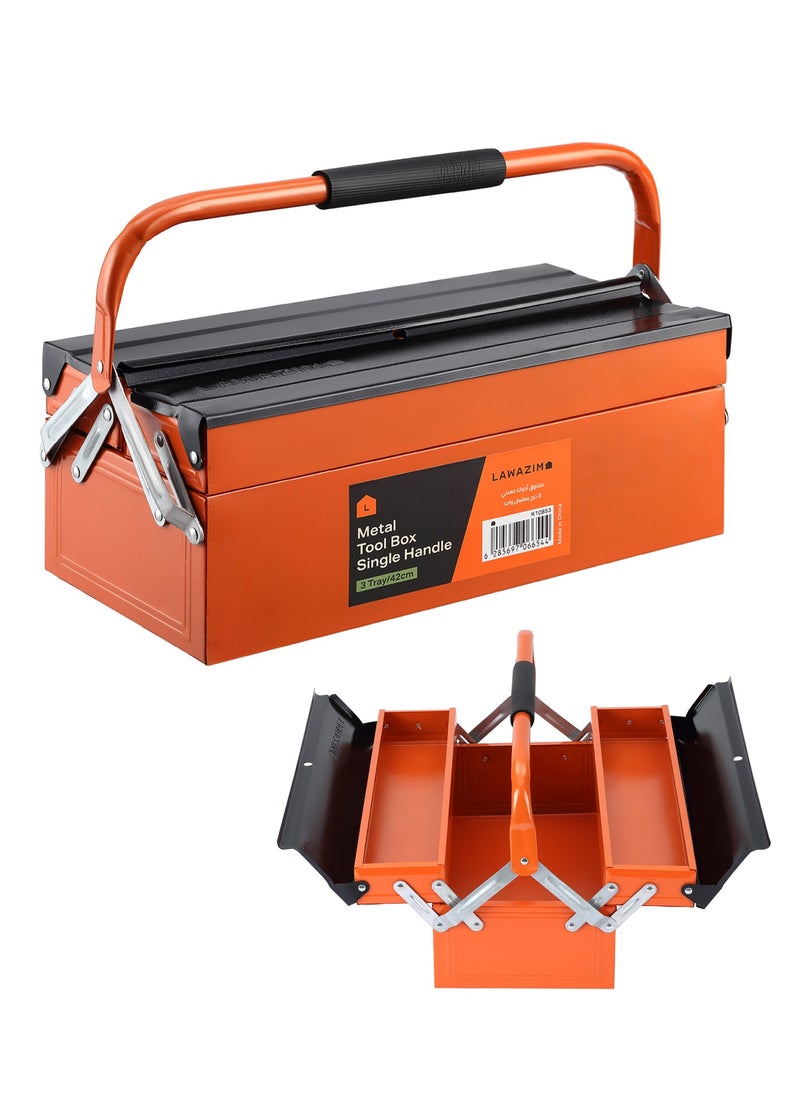 LAWAZIM Metal Toolbox 2-Layer 3-Tray - 16inch (42cm)-Durable Single Handle Large Capacity Portable Upward Folding Tool Organizer with Lock Hole for Household Workshops Garage Repairs and Maintenance  - Image 1