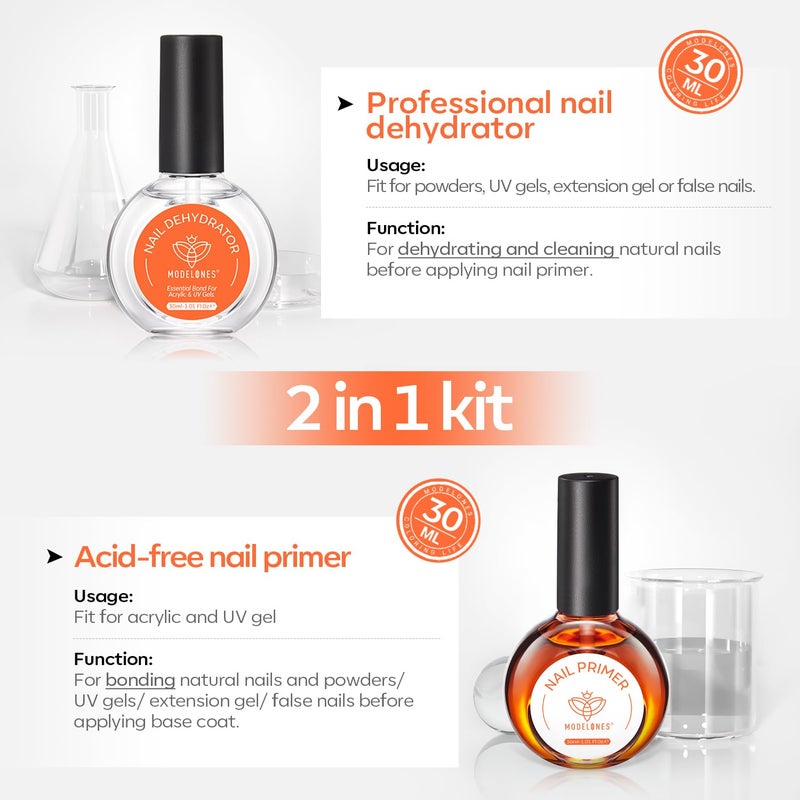 modelones 30 ml Nail Dehydrator and Primer, Acid Free Natural Prep Dehydrate & Bond Primer Kit, Hema-Free Acrylic Nail Supplies Top Coat - Image 3