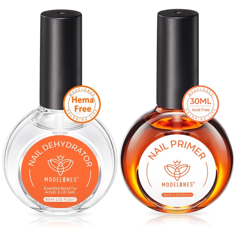 modelones 30 ml Nail Dehydrator and Primer, Acid Free Natural Prep Dehydrate & Bond Primer Kit, Hema-Free Acrylic Nail Supplies Top Coat - Image 1