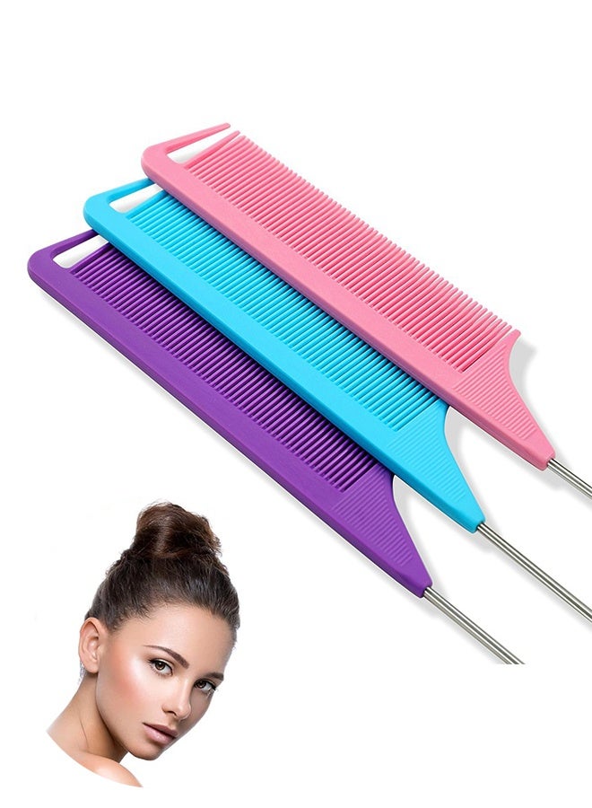 3 PCS Rat Tail Combs Parting Rattail Teasing Fine Tooth Comb with Metal Pick for Curly Hair,Detangling Parting Combs for Women,for Braiding,Styling Hair(Pink Purple Blue) - Image 1