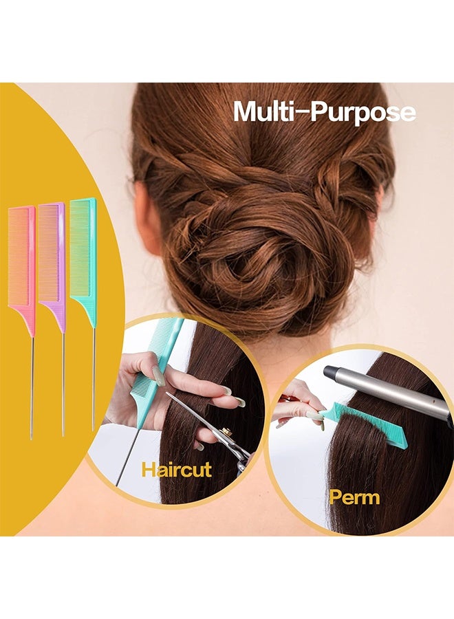 3 PCS Rat Tail Combs Parting Rattail Teasing Fine Tooth Comb with Metal Pick for Curly Hair,Detangling Parting Combs for Women,for Braiding,Styling Hair(Pink Purple Blue) - Image 3