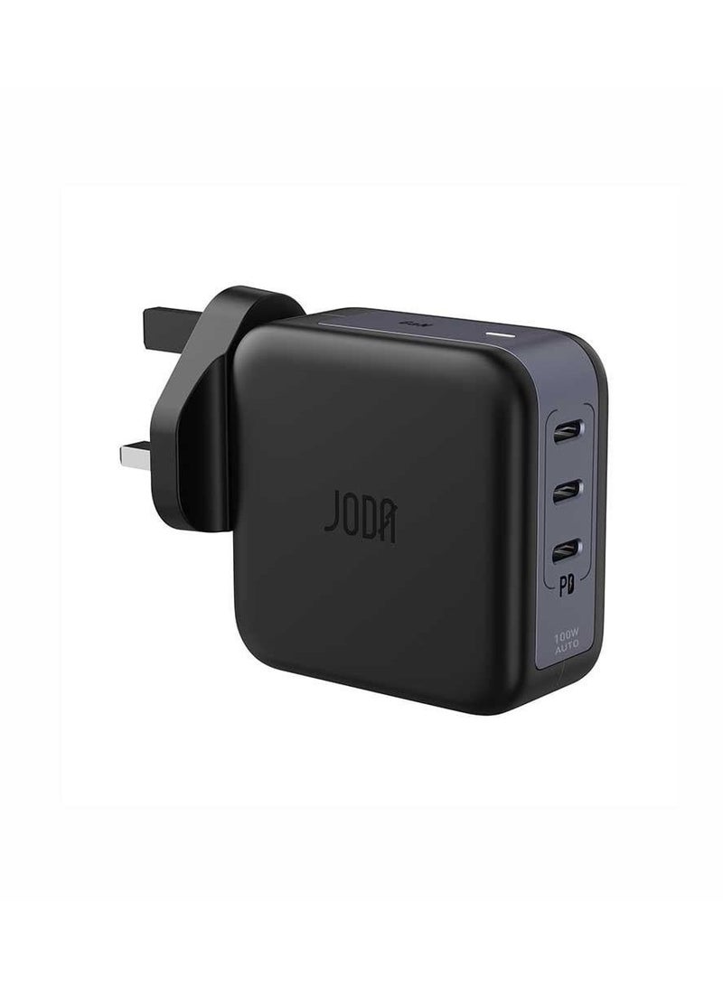JODA High-performance 100W wall charger with 3 PD ports, capable of charging multiple devices simultaneously. Powered by GaN technology for efficient energy use and a compact - Image 1